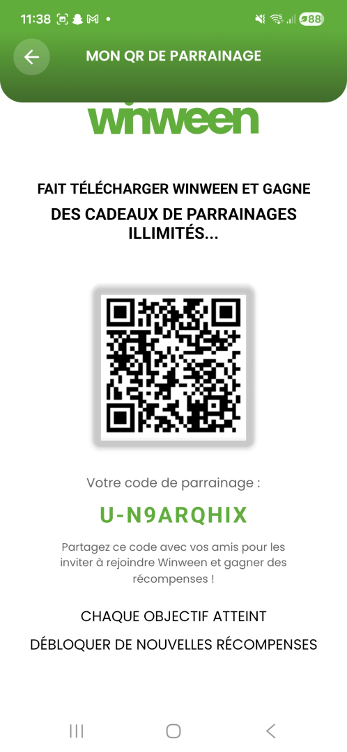 QR code de téléchargement de Winween et offre de parrainage 