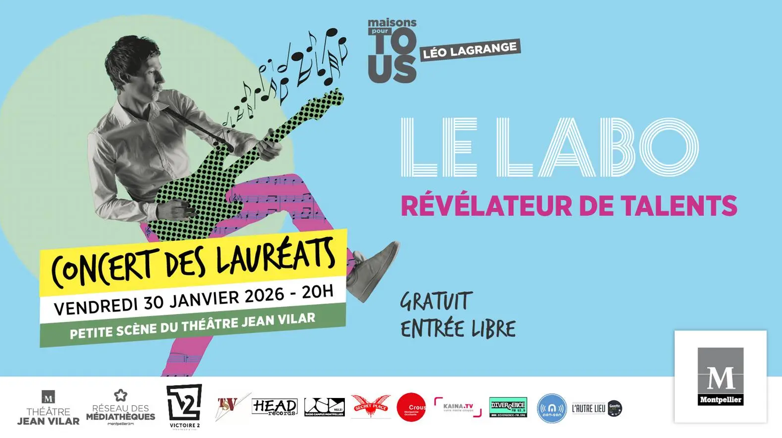 Visuel du labo artistique guitariste sur fond bleu