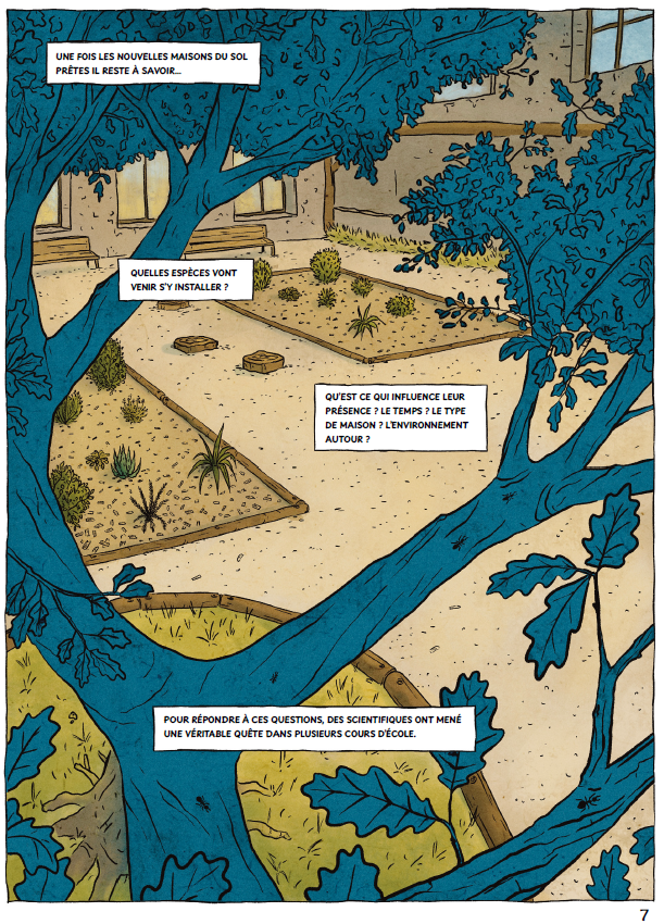 Page 7 de la BD avec une cour d'&eacute;cole v&eacute;g&eacute;talis&eacute;e