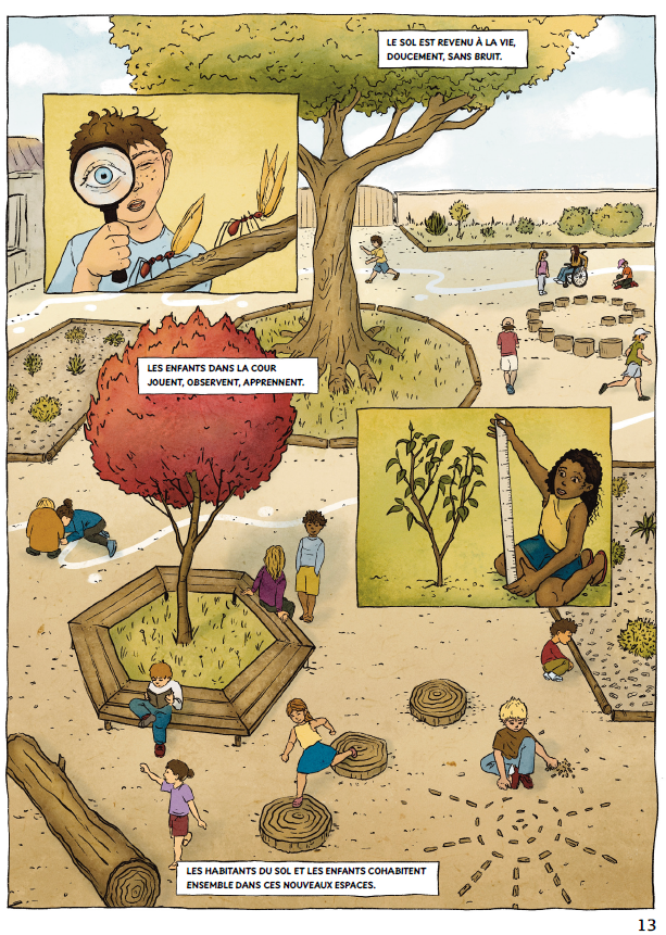P13 de la BD avec des enfants qui observent la biodiversit&eacute; dans leur cour d'&eacute;cole v&eacute;g&eacute;talis&eacute;e