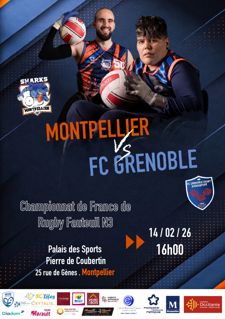 Affiche du match Montpellier Grenoble avec deux joueurs, horaires, partenaires et autres informations
