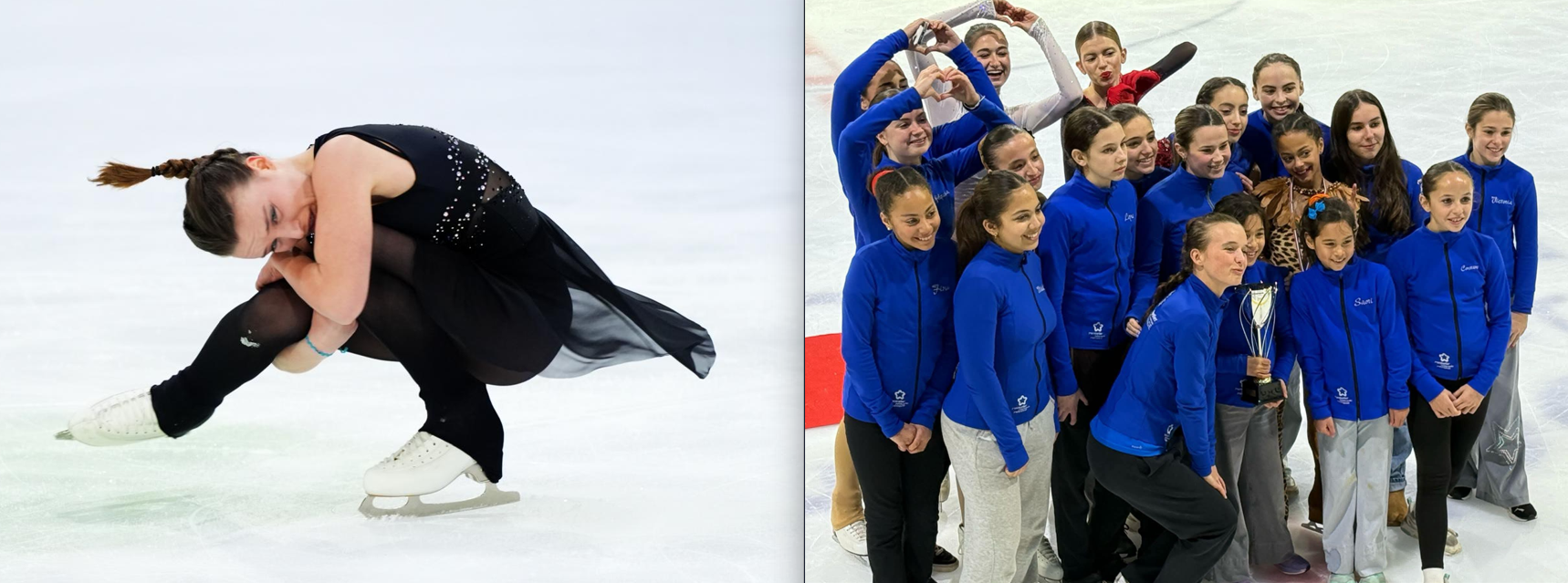 Montage d'images, pirouette assise et groupe de patineurs