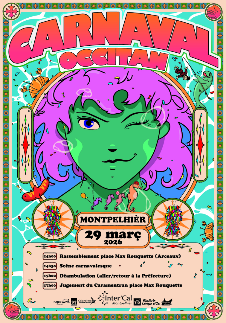 L'affiche du Carnaval Occitan, avec son visage de pollueur marin et ses petits personnages