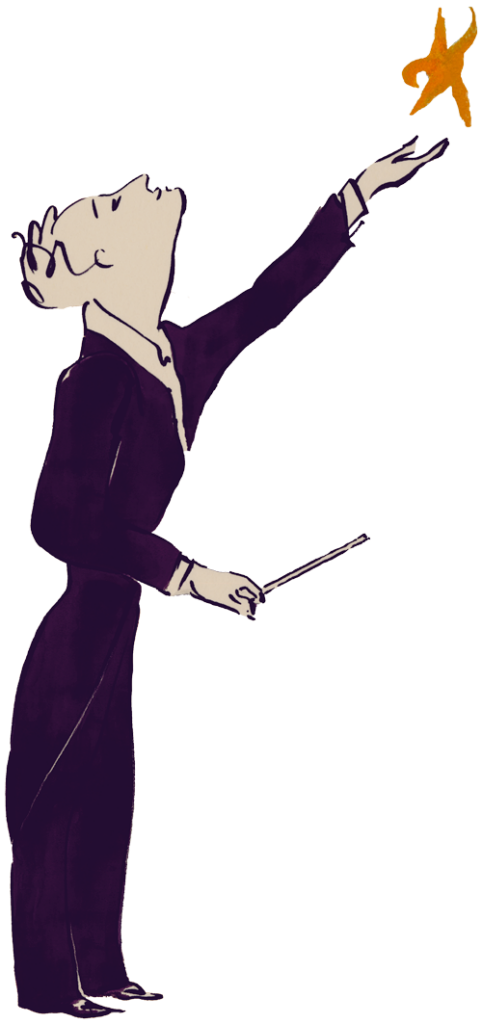 Petit dessin représentant un chef d'orchestre lançant une étoile vers le ciel par Andrea Ferolla