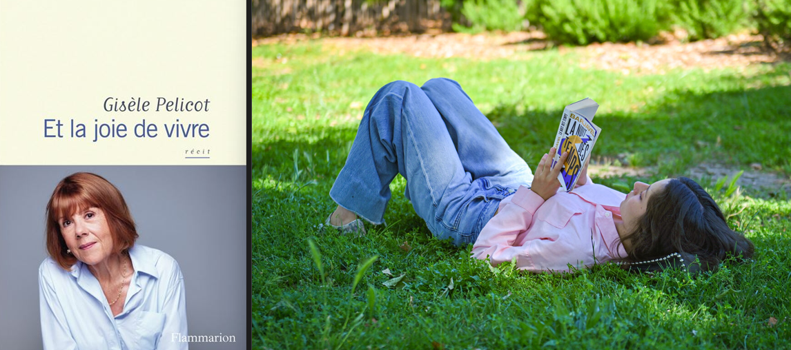 Montage comédie du livre avec la couverture du livre de Gisèle Pelicot "Et la joie de vivre"