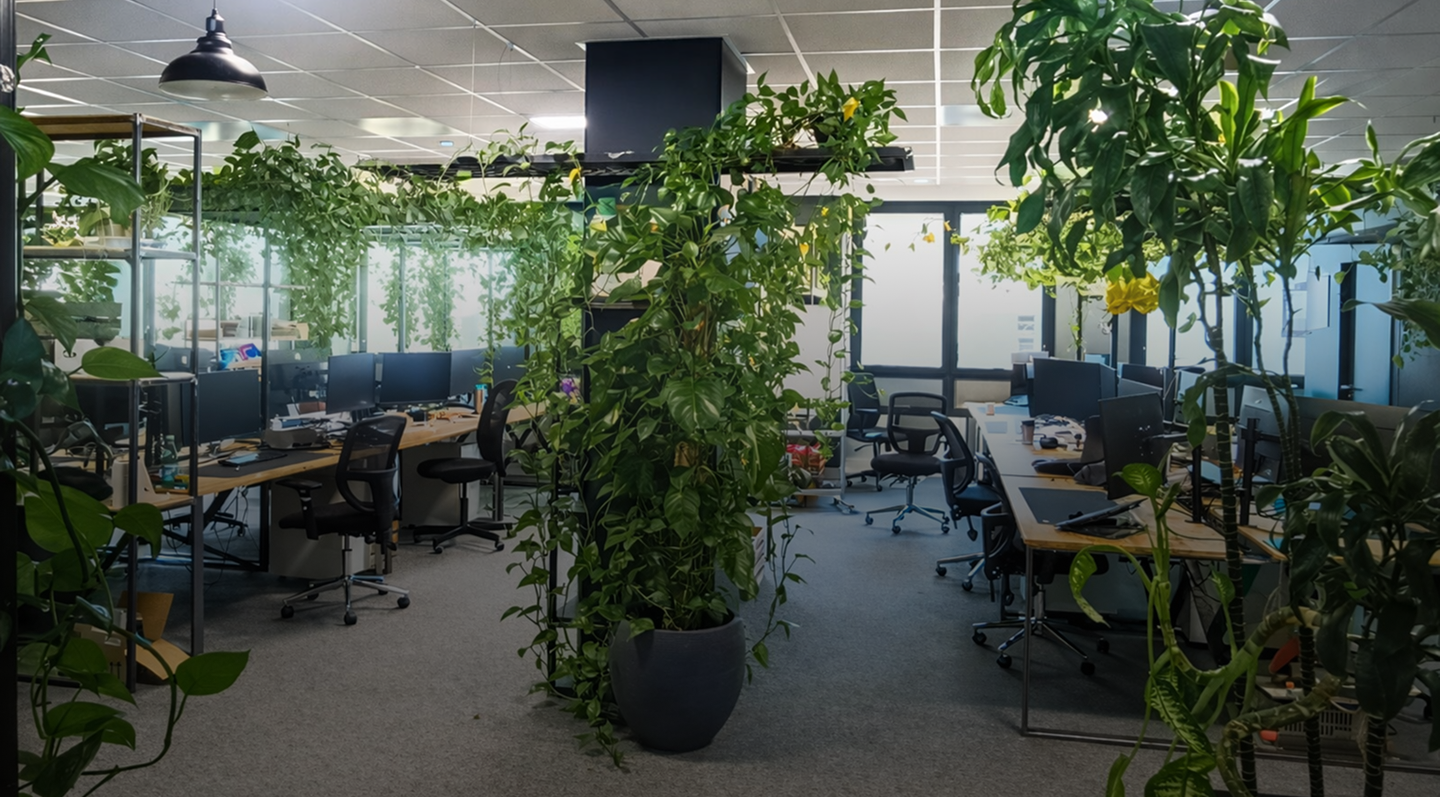 Bureaux végétalisés, plantes, chaises, bureaux, ordinateurs