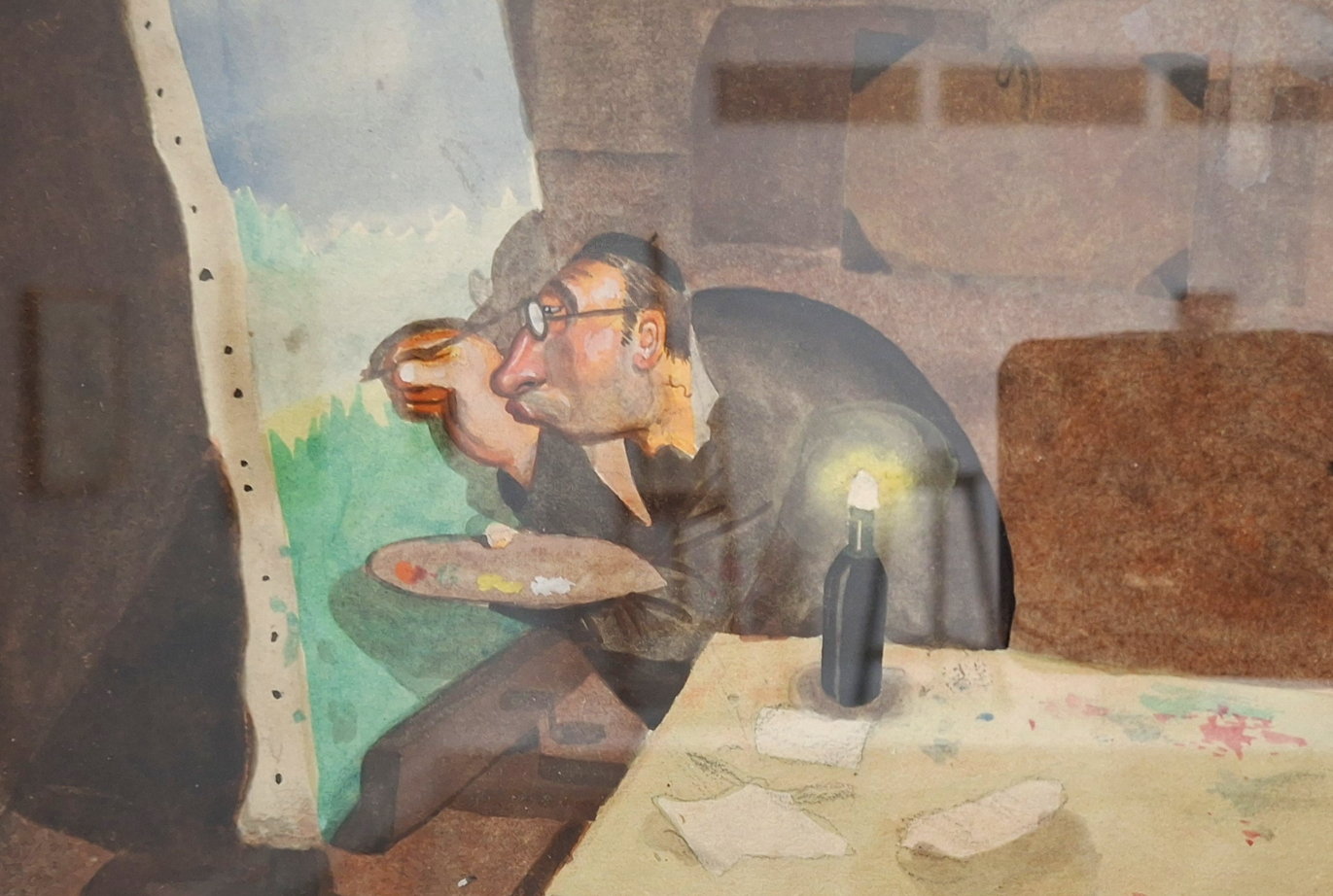 Tableau d'Albert Dubout repr&eacute;sentant un artiste devant son chevalet