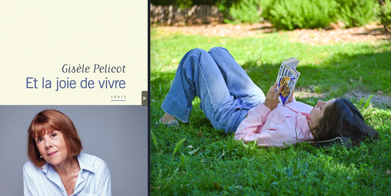 Montage comédie du livre avec la couverture du livre de Gisèle Pelicot "Et la joie de vivre"