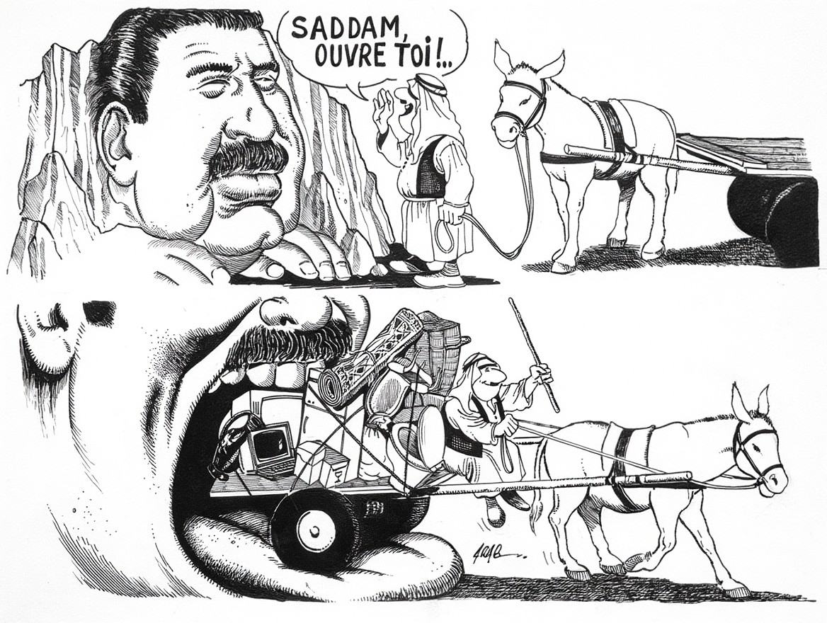 Ali Baba demande à Sadam Hussein d'ouvrir sa bouche, "Saddam ouvre toi !" et repart avec une pleine cargaison de richesses