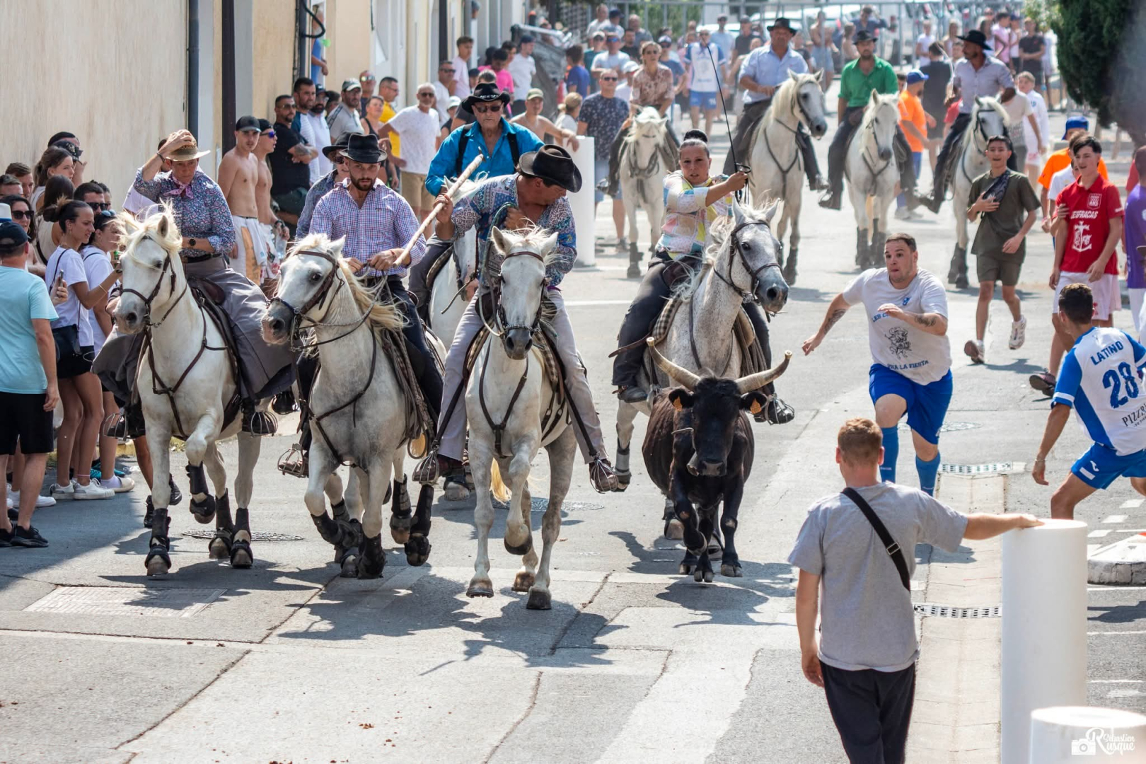 Taureau et gardians dans les rues