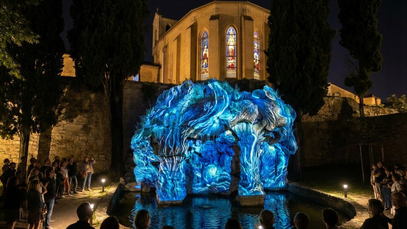Fontaine bleue dans le parc du château