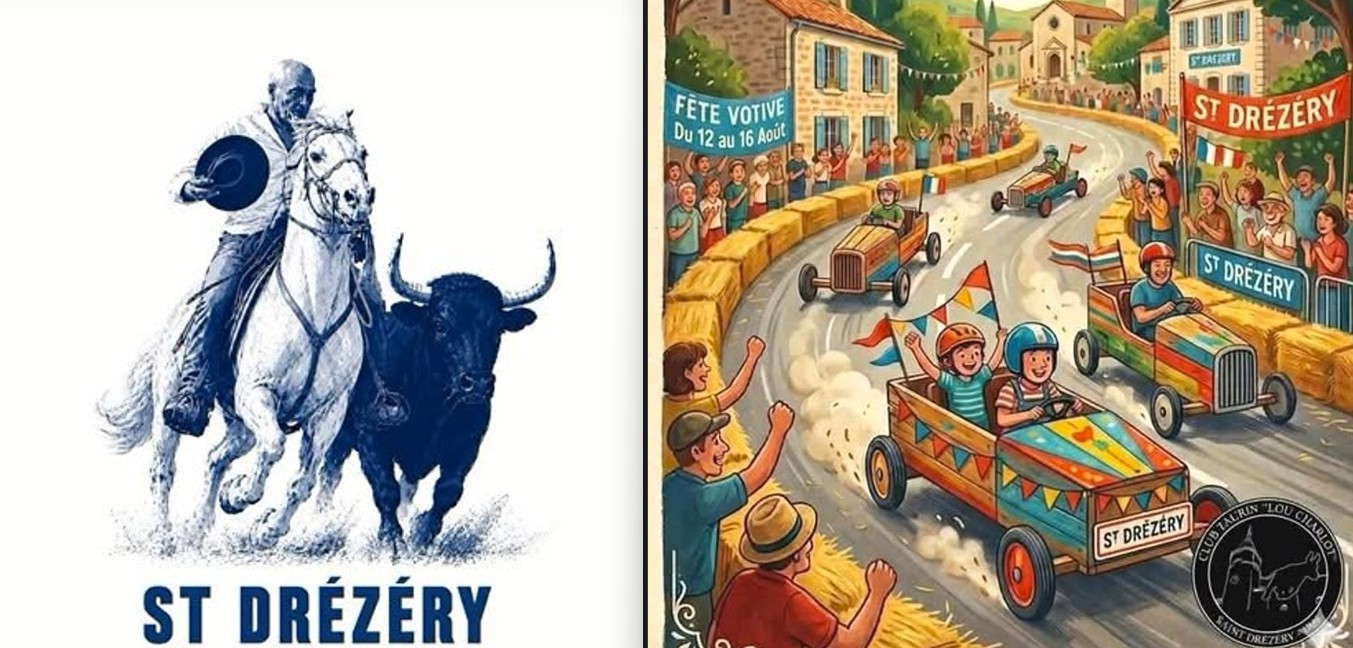 Montage d'images St Drezery, avec cavalier et caisses à savon