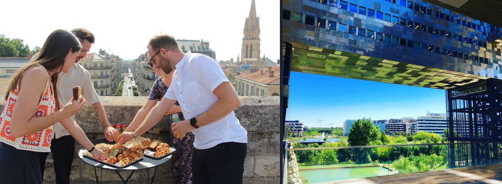 Montage d'images, avec déjeuner sur l'arc de triomphe et vue du nouvel Hôtel de Ville