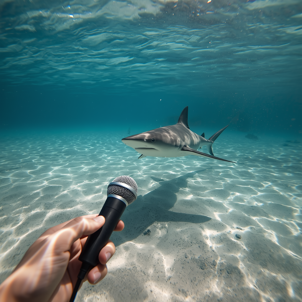 un micro sous l'eau face à un requin 