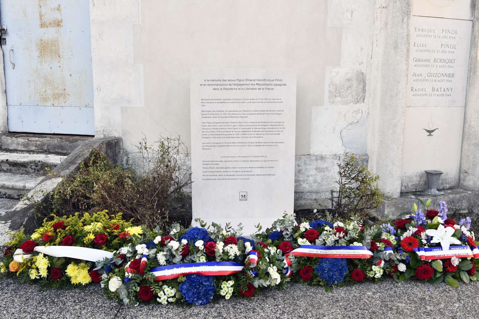 Stèle commémorative en hommage aux époux Piñol, résistants torturés et assassinés par la Milice du régime de Vichy