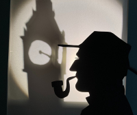 illustration en noir et blanc avec sherlock holmes et big ben en fond 