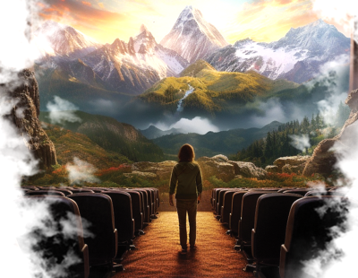 Visuel de l'affiche du festival What A Trip, représentant un homme face à un paysage de montagne