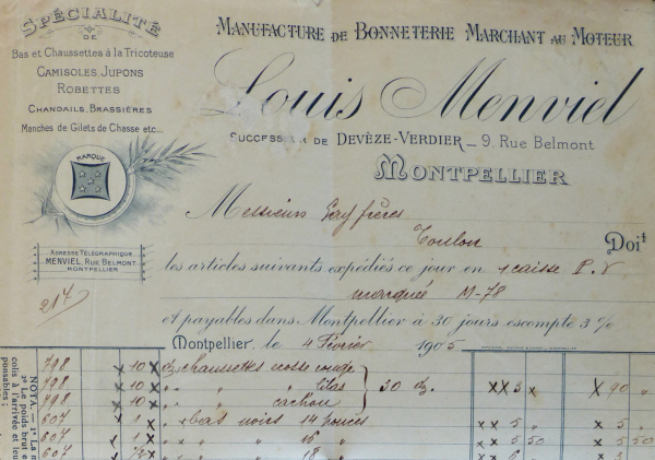 Facture de 1905 sur papier à entête de la manufacture Menviel