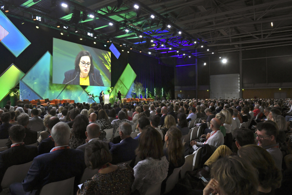 Photo d'assemblée plénière dans une salle avec projecteur