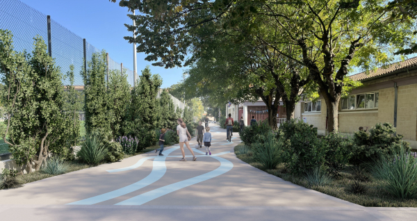 Perspective de la rue des Coronilles (écoles Paul Langevin et Goethe), avec le futur parvis élargi et végétalisé