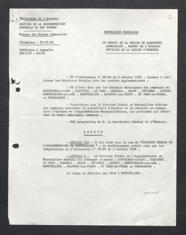 arrêté préfectoral de janvier 1965 actant la création du District Urbain de Montpellier