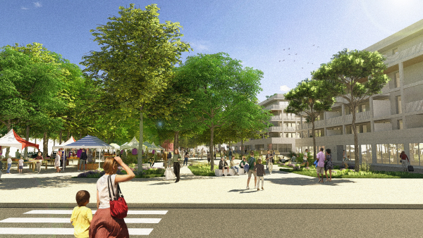 perspective d'architecte de la future entrée est du quartier avec esplanade arborée