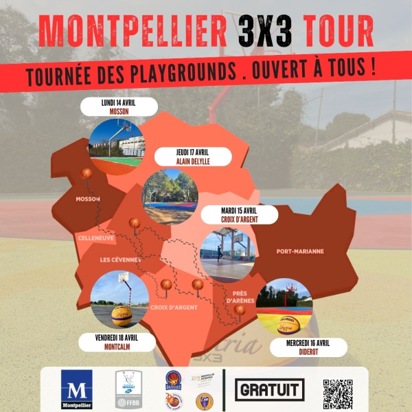 affiche de la deuxième phase du Montpellier 3x3 Tour avec carte des playgrounds