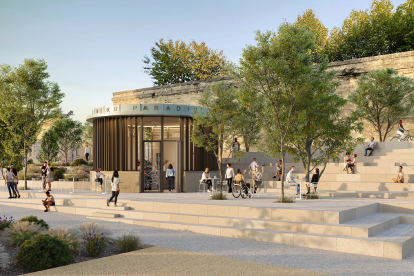 perspective d'architecte centrée sur le kiosque alimentaire et les gradins végétation