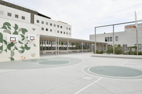 toit aménagé de l'école avec bâtiments, grille de protection, petit terrain de basket