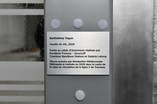 cartel de l'oeuve de Barthélémy Toguo apposée sur la station de tramway de la ligne 5 