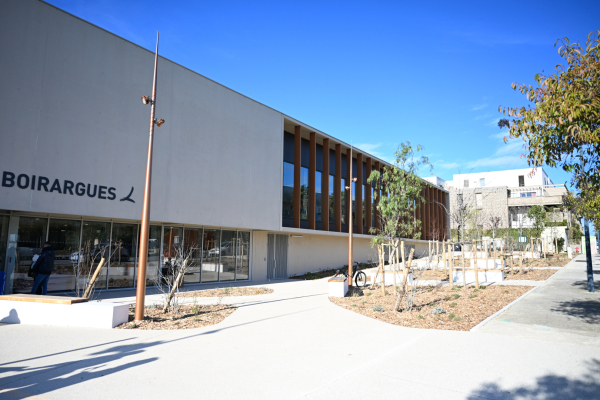 parvis et entrée du Palais des sports, végétation, ciel 