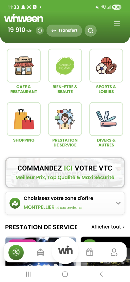 capture d'écran de l'application avec plusieurs services : VTC, sports et loisirs, restauration, beauté...