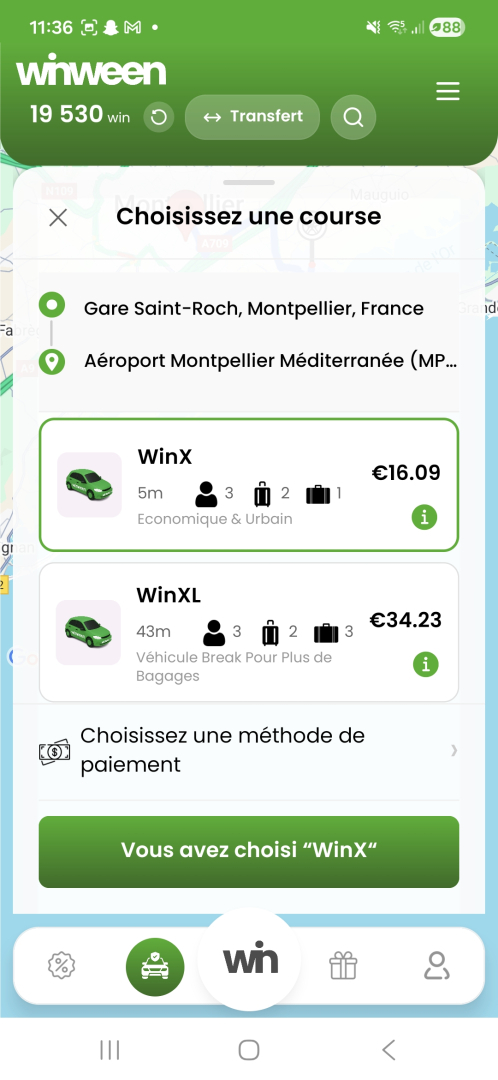 page de l'application pour réserver un chauffeur
