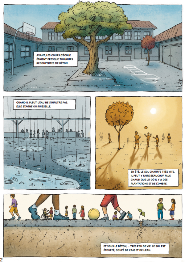 P 2 de la BD avec une cour d'&eacute;cole avant d&eacute;simperm&eacute;abilisation et v&eacute;g&eacute;talisation