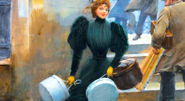 Détail de tableau représentant une Grisette portant des cartons à chapeaux 