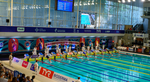 piscine olympique nageurs juges écran géant panneaux sponsors 