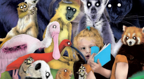 Détail de l'affiche du festival Partir en livre. Une petite fille lit au milieu des animaux