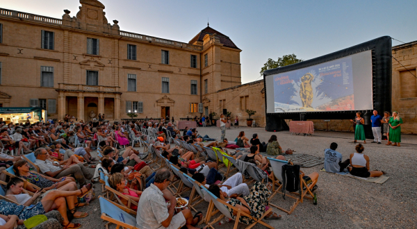 séance cinéma en plein écran bâtiments arbres 