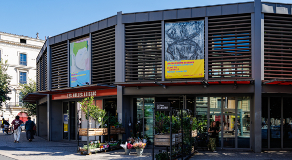 Halles Laissac affiches des festivals plantes commerces ciel bleu 