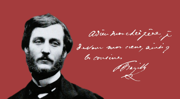 Portrait de Bazille sur fond rouge, avec extrait de son écriture