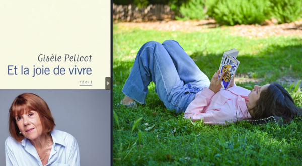 Montage comédie du livre avec la couverture du livre de Gisèle Pelicot "Et la joie de vivre"