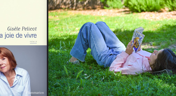 Montage comédie du livre avec la couverture du livre de Gisèle Pelicot "Et la joie de vivre"
