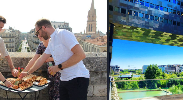 Montage d'images, avec déjeuner sur l'arc de triomphe et vue du nouvel Hôtel de Ville